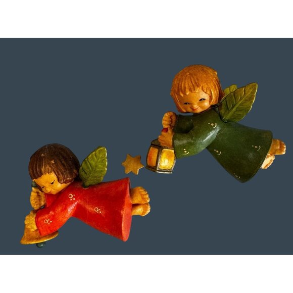 Anri Ferrandiz Flying Angels Pair Lantern And Bell Hand Painted Italy 4" - Picture 1 of 7